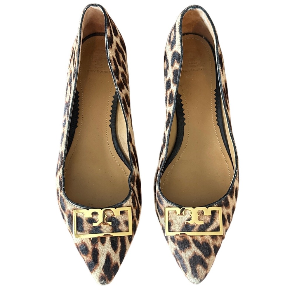 Tory Burch Gigi Leopard Haircalf Pointed Toe Flats Gold Logo Size 10